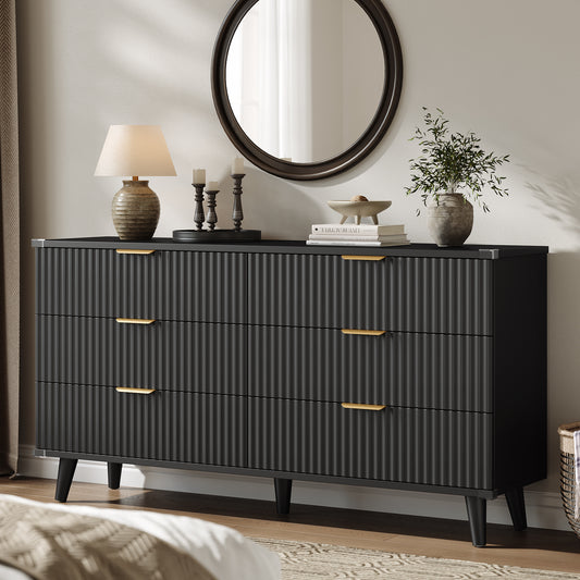 Laintene 6 Drawer Dresser for Bedroom – Solid Wood Fluted Storage Cabinet with Metal Handles, Modern Wave Design for Bedroom, Living Room & Entryway, Black