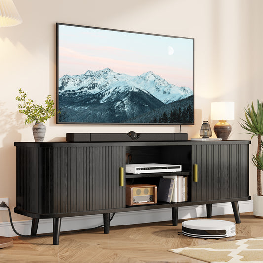 LainTene 65 Inch TV Stand with Sliding Doors – Modern Fluted Media Console for Living Room, Power Outlets (2 USB + 2 AC), Adjustable Shelves, Black Entertainment Center