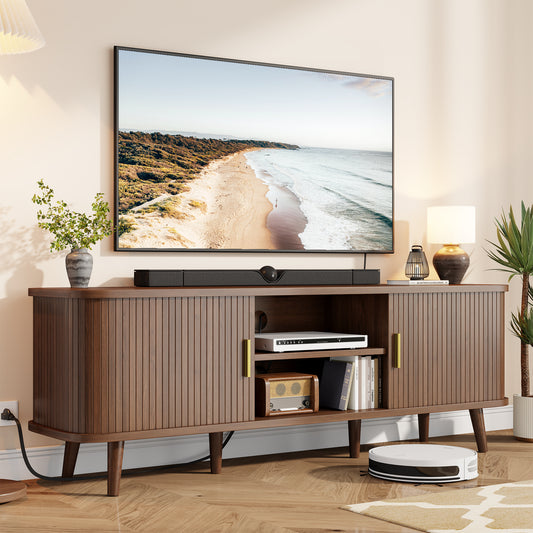 LainTene 65 Inch TV Stand with Sliding Doors – Modern Fluted Media Console for Living Room, Power Outlets (2 USB + 2 AC), Adjustable Shelves, Walnut Entertainment Center