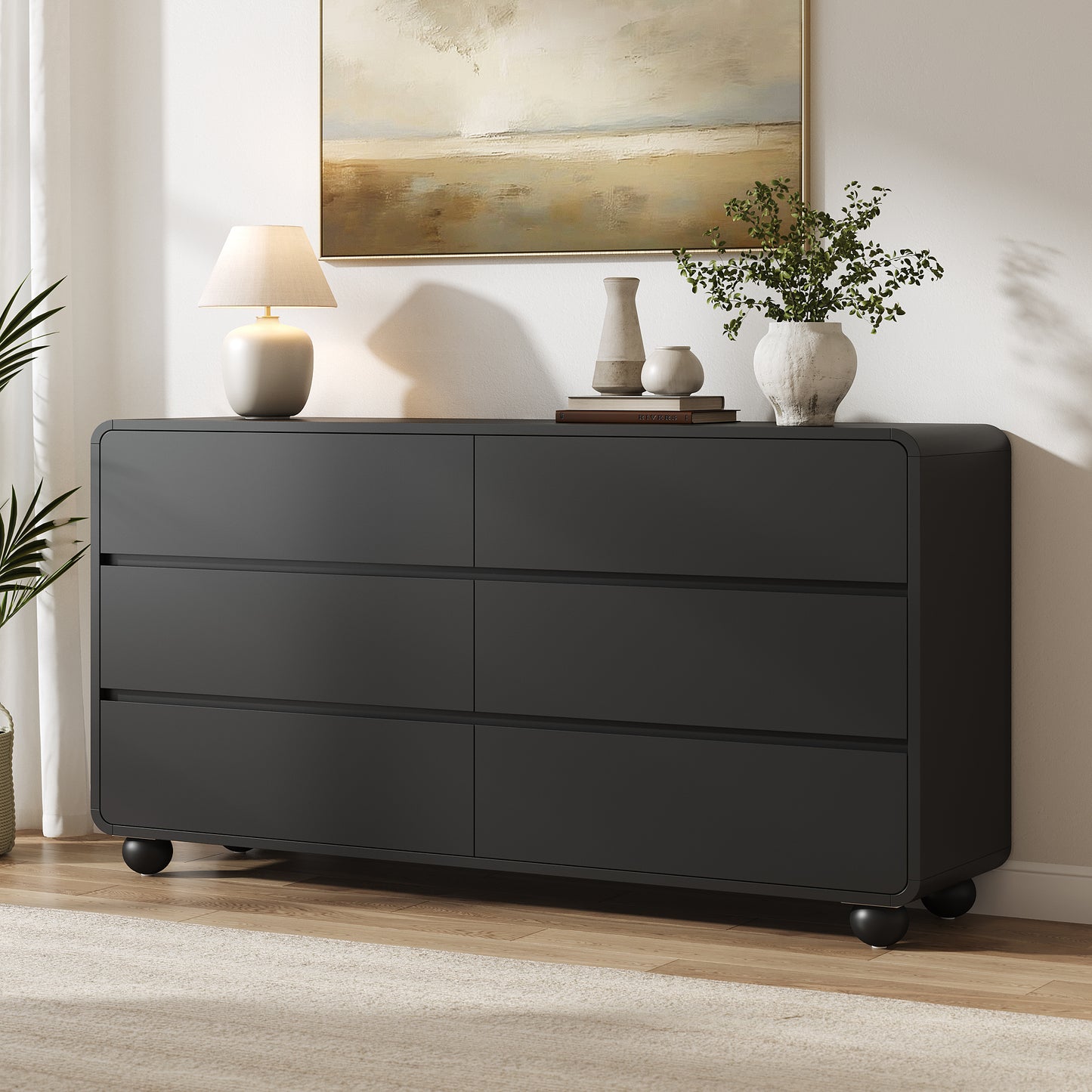 Laintene Modern 6 Drawers Dresser for Bedroom, 53" Wide Wood Dressers & Chests of Drawers w/Curved Profile Design, Mid Century Modern Dresser w/Natural Texture for Bedroom, Living Room, Black Oak