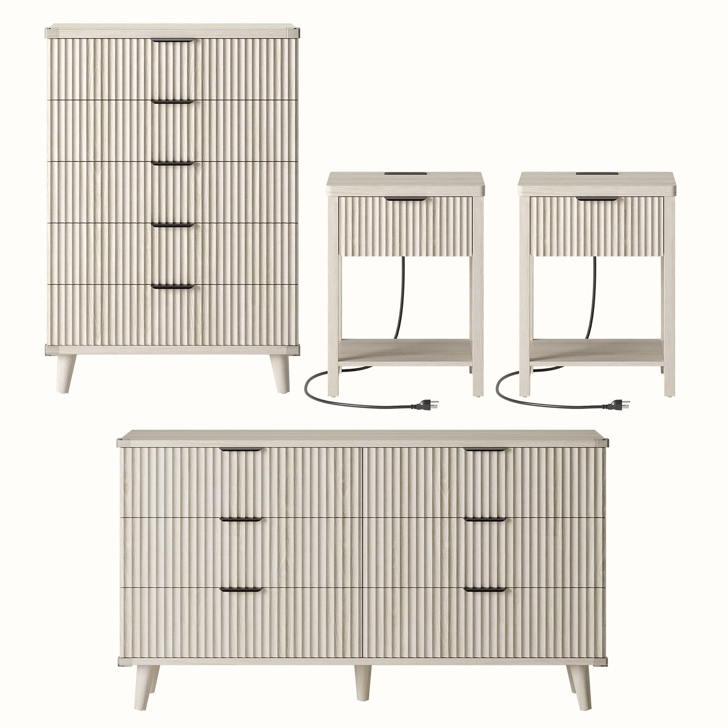 Laintene Boho Bedroom Set of 4 - 6 Drawer Dresser, 5 Drawer Vertical Dresser & 2 Nightstands with Drawer & USB Charging, Fluted Wooden Storage for Modern Bedroom, White Oak