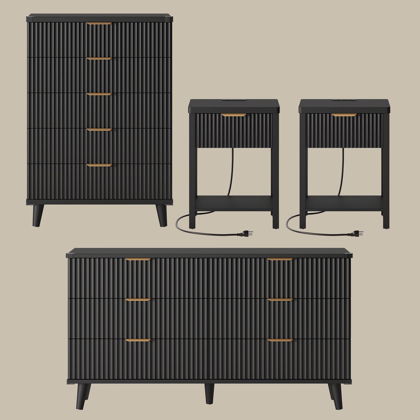 Laintene Boho Bedroom Set of 4 - 6 Drawer Dresser, 5 Drawer Vertical Dresser & 2 Nightstands with Drawer & USB Charging, Fluted Wooden Storage for Modern Bedroom, Black