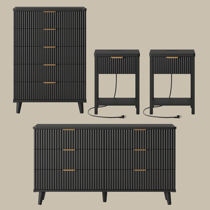 Laintene Boho Bedroom Set of 4 - 6 Drawer Dresser, 5 Drawer Vertical Dresser & 2 Nightstands with Drawer & USB Charging, Fluted Wooden Storage for Modern Bedroom, Black