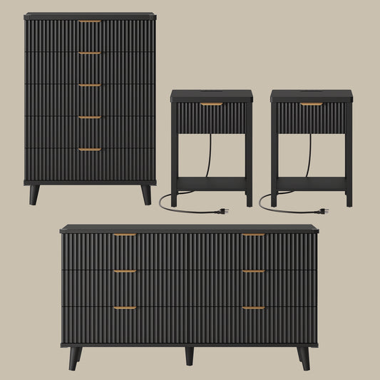Laintene Boho Bedroom Set of 4 - 6 Drawer Dresser, 5 Drawer Vertical Dresser & 2 Nightstands with Drawer & USB Charging, Fluted Wooden Storage for Modern Bedroom, Black