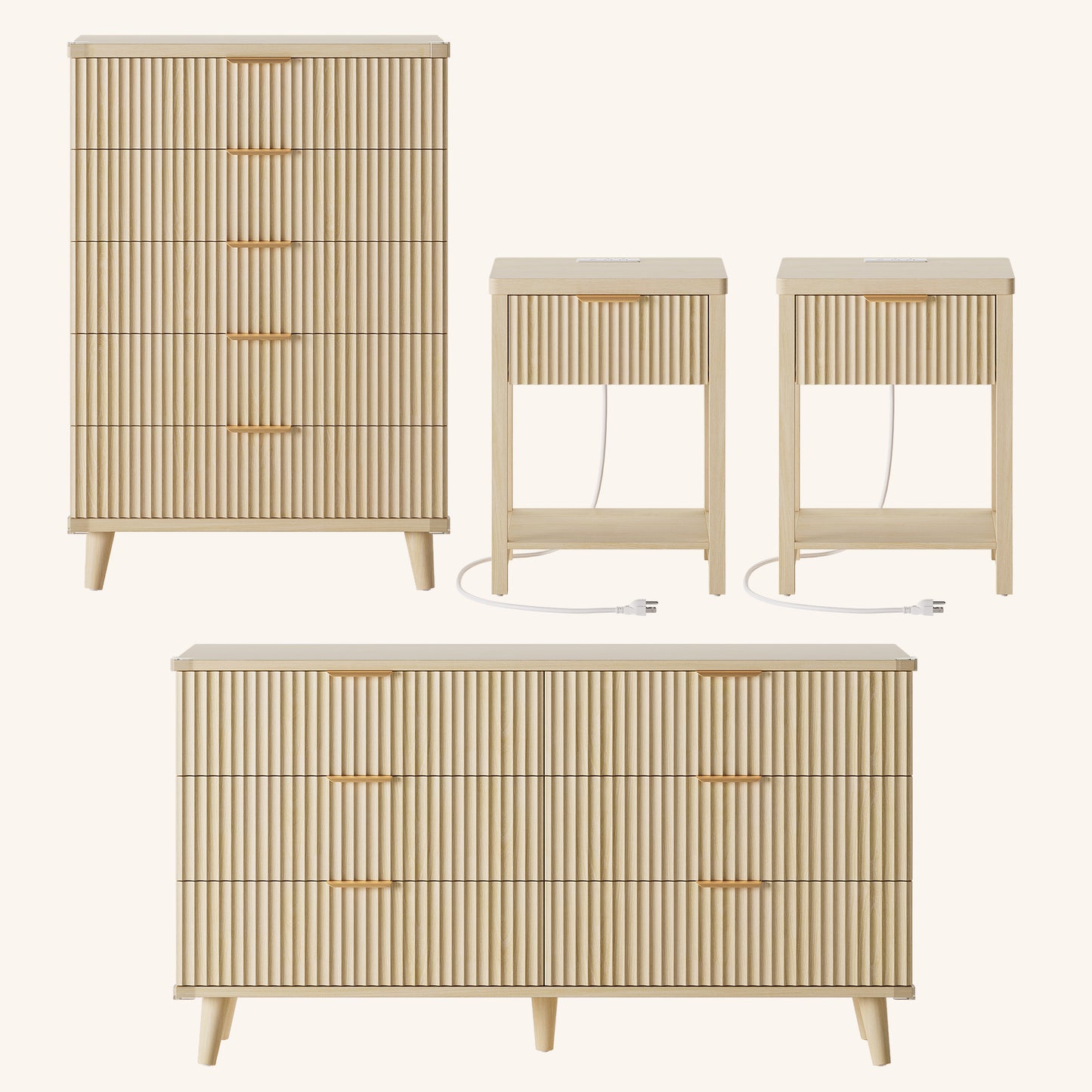 Laintene Boho Bedroom Set of 4 - 6 Drawer Dresser, 5 Drawer Vertical Dresser & 2 Nightstands with Drawer & USB Charging, Fluted Wooden Storage for Modern Bedroom, Natural
