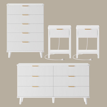 Laintene Boho Bedroom Set of 4 - 6 Drawer Dresser, 5 Drawer Vertical Dresser & 2 Nightstands with Drawer & USB Charging, Fluted Wooden Storage for Modern Bedroom, White