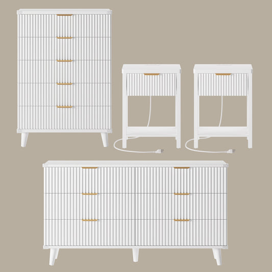 Laintene Boho Bedroom Set of 4 - 6 Drawer Dresser, 5 Drawer Vertical Dresser & 2 Nightstands with Drawer & USB Charging, Fluted Wooden Storage for Modern Bedroom, White