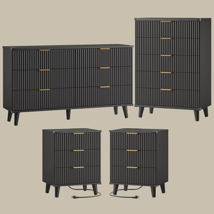 Laintene Boho Bedroom Set of 4 - 6 Drawer Dresser, 5 Drawer Vertical Dresser & 2 Nightstands with 3 Drawers & USB Charging, Fluted Wooden Storage for Modern Bedroom, Black