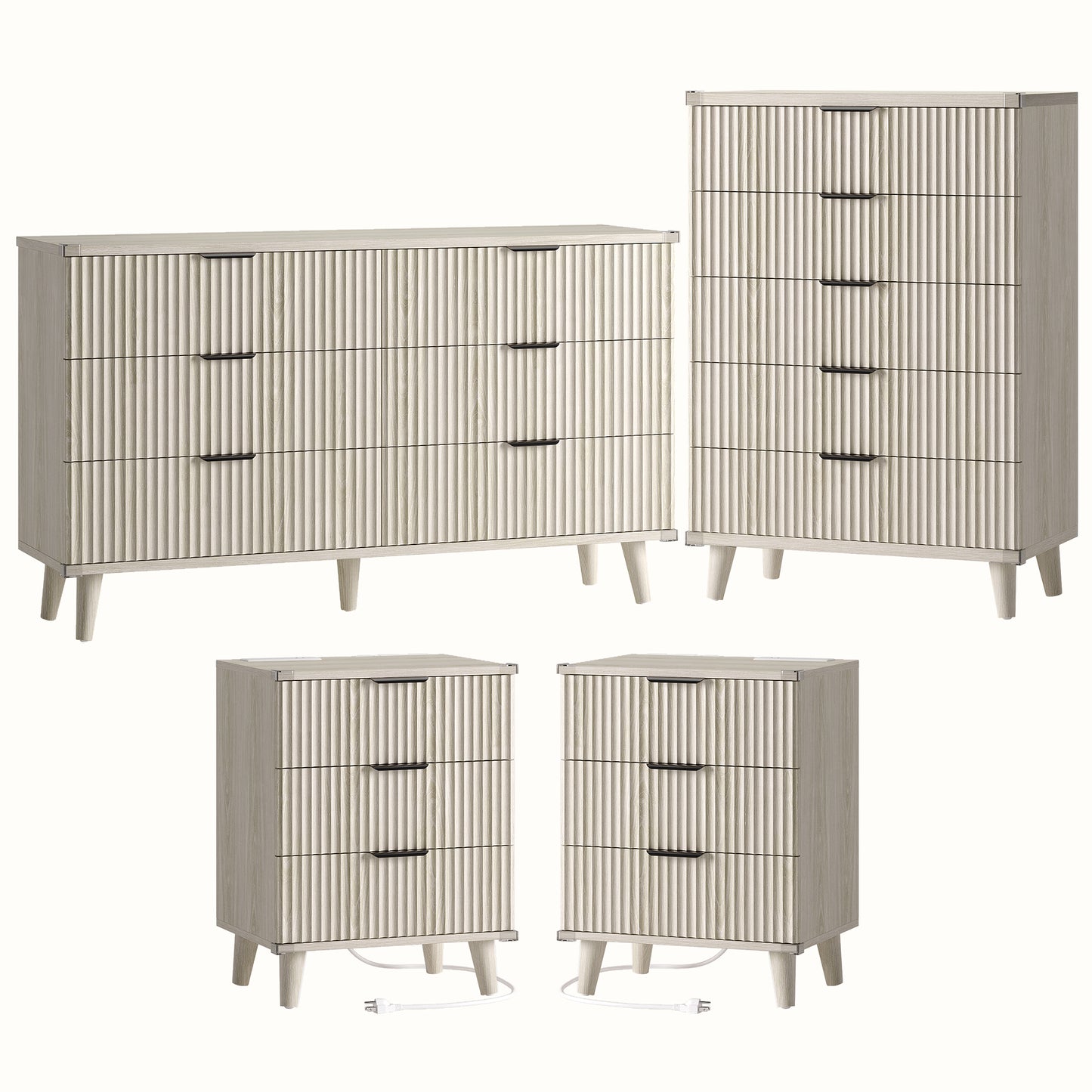 Laintene Boho Bedroom Set of 4 - 6 Drawer Dresser, 5 Drawer Vertical Dresser & 2 Nightstands with 3 Drawers & USB Charging, Fluted Wooden Storage for Modern Bedroom, White Oak