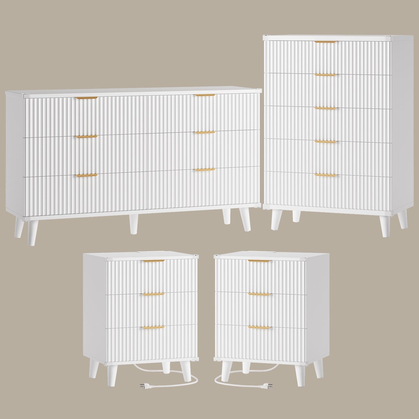 Laintene Boho Bedroom Set of 4 - 6 Drawer Dresser, 5 Drawer Vertical Dresser & 2 Nightstands with 3 Drawers & USB Charging, Fluted Wooden Storage for Modern Bedroom, White