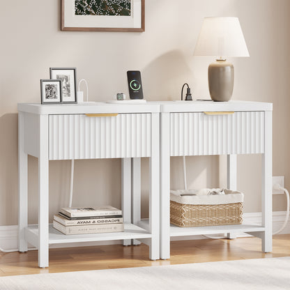 Laintene 3-Piece Boho Bedroom Set - 6-Drawer Dresser & 2 Nightstands with Drawer & USB Charging, Fluted Wooden Storage, Modern Dresser & Nightstand Combo, White