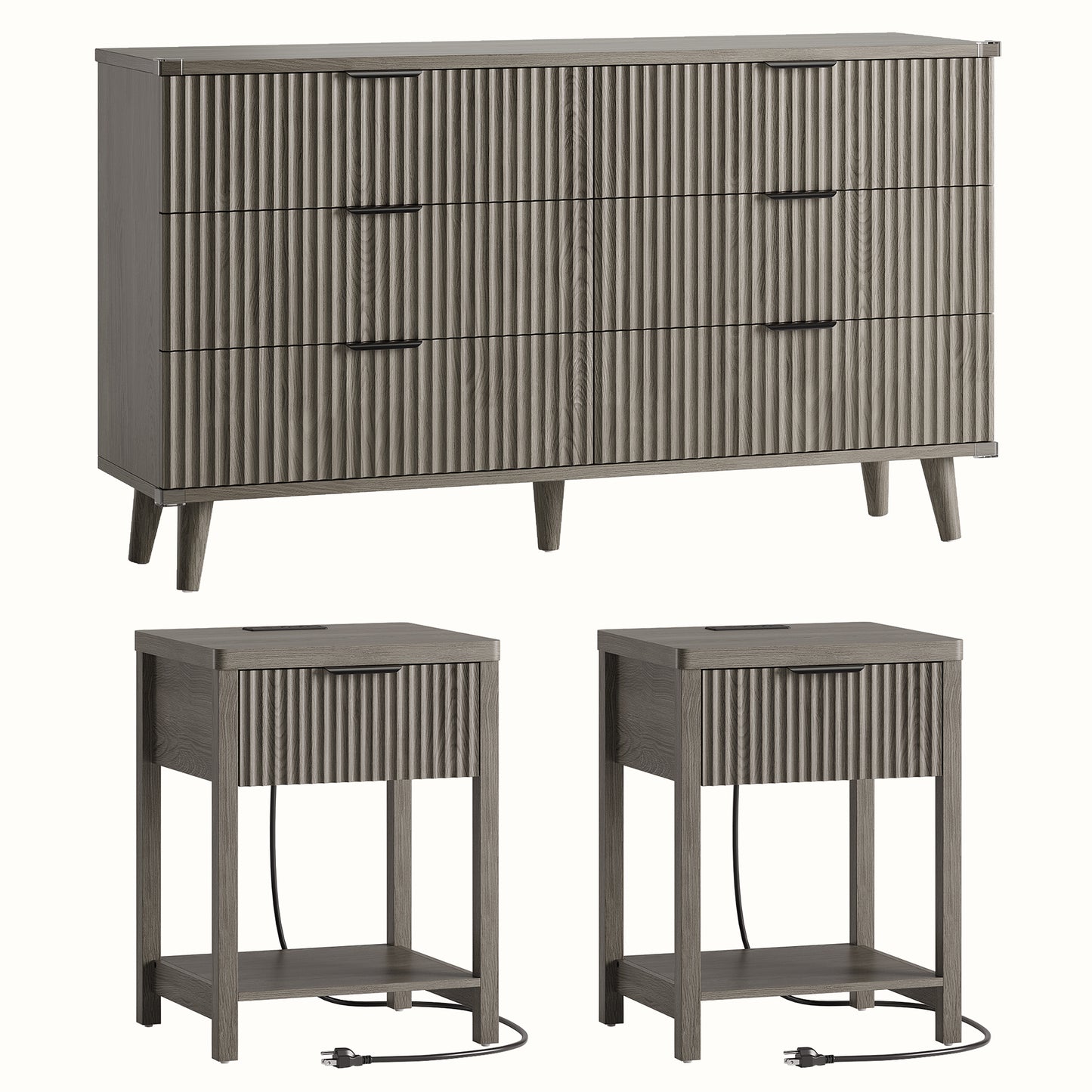 Laintene 3-Piece Boho Bedroom Set - 6-Drawer Dresser & 2 Nightstands with Drawer & USB Charging, Fluted Wooden Storage, Modern Dresser & Nightstand Combo, Dark Grey Oak