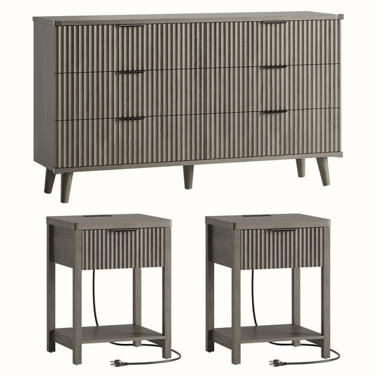 Laintene 3-Piece Boho Bedroom Set - 6-Drawer Dresser & 2 Nightstands with Drawer & USB Charging, Fluted Wooden Storage, Modern Dresser & Nightstand Combo, Dark Grey Oak