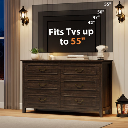 Laintene Farmhouse 6-Drawer Dresser - Rustic Wood Dresser with Antique Bronze Handles, Vintage Storage Chest for Bedroom, Living Room & Entryway
