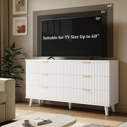 Laintene 6 Drawer Dresser for Bedroom – Solid Wood Fluted Storage Cabinet with Metal Handles, Modern Wave Design for Bedroom, Living Room & Entryway, White