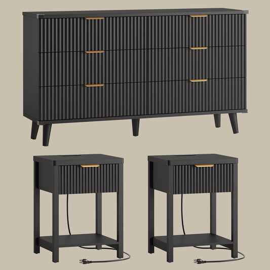 Laintene 3-Piece Boho Bedroom Set - 6-Drawer Dresser & 2 Nightstands with Drawer & USB Charging, Fluted Wooden Storage, Modern Dresser & Nightstand Combo, Black