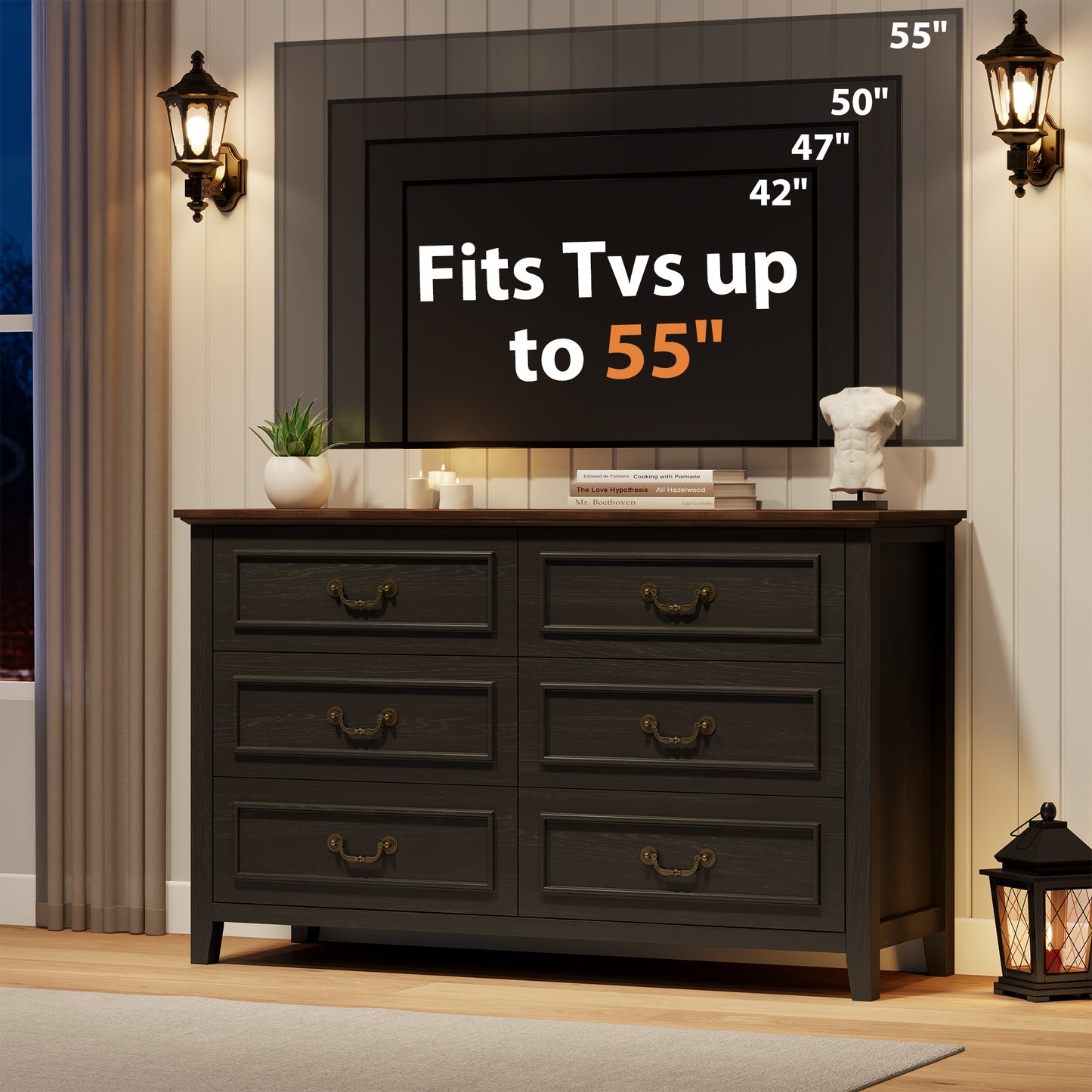 LainTene Farmhouse 3-Piece Dresser Set - 1x6-Drawer Storage Dresser & 2x Nightstands with USB Ports, Solid Wood Vintage Bedroom Furniture, Oak Black