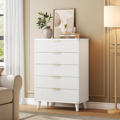 Laintene 5-Drawer Tall Dresser - Slim Boho Storage Cabinet with Fluted Design, Solid Wooden Chest for Bedroom, Closet & Small Spaces, White