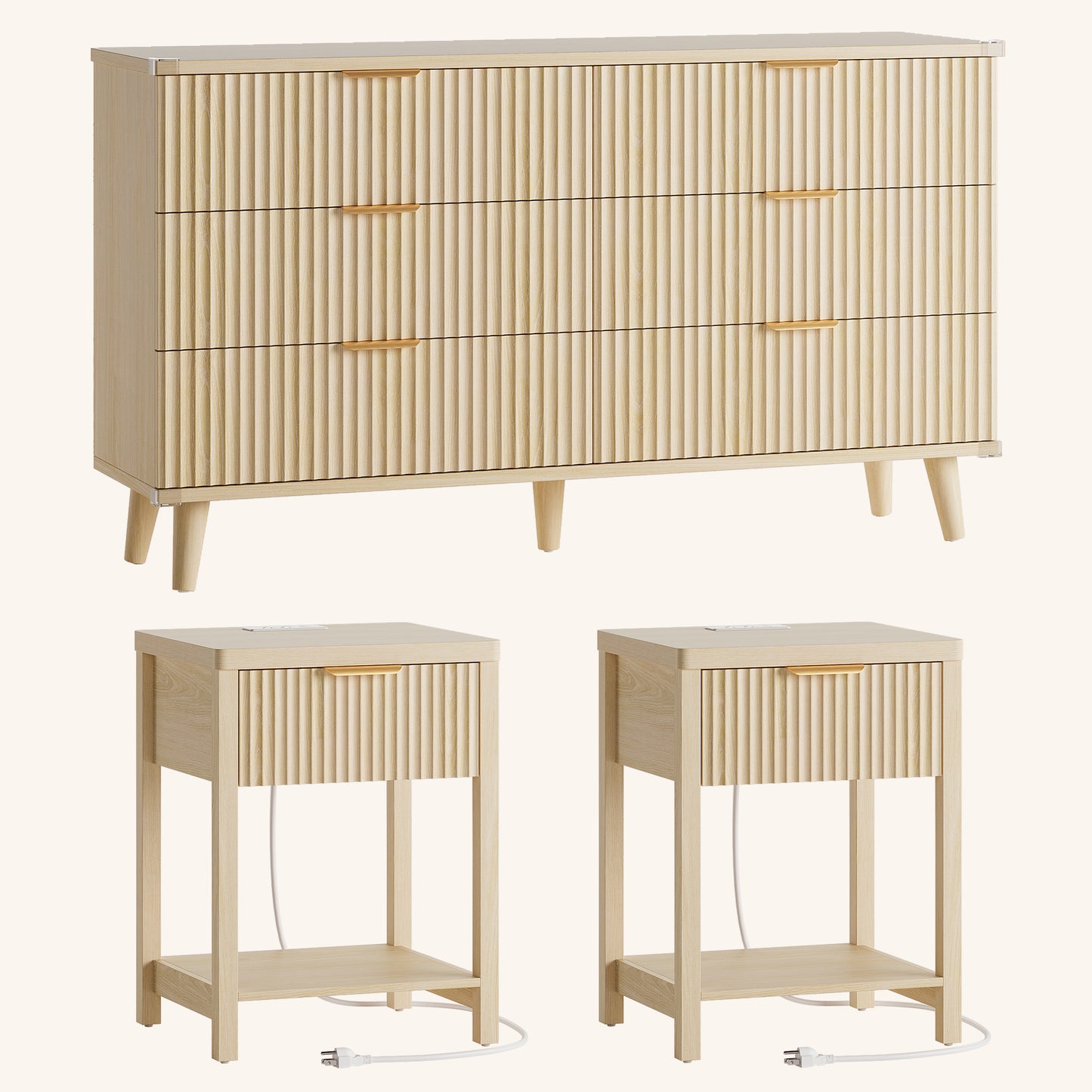 Laintene 3-Piece Boho Bedroom Set - 6-Drawer Dresser & 2 Nightstands with Drawer & USB Charging, Fluted Wooden Storage, Modern Dresser & Nightstand Combo, Natural