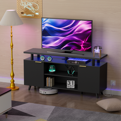Laintene Fluted TV Stand for 65" TV, Modern Boho LED Entertainment Center with Adjustable Shelves, Storage Cabinets & Power Outlets for Living Room, Black Finish