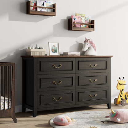 LainTene Farmhouse 6-Drawer Dresser - Rustic Black Wood Dresser with Antique Bronze Handles, Vintage Storage Chest for Bedroom, Living Room & Entryway