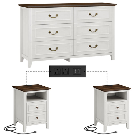 LainTene Farmhouse 3-Piece Dresser Set - 1x6-Drawer Storage Dresser & 2x Nightstands with USB Ports, Solid Wood Vintage Bedroom Furniture, Oak White