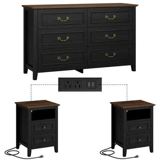 LainTene Farmhouse 3-Piece Dresser Set - 1x6-Drawer Storage Dresser & 2x Nightstands with USB Ports, Solid Wood Vintage Bedroom Furniture, Oak Black