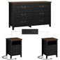 LainTene Farmhouse 3-Piece Dresser Set - 1x6-Drawer Storage Dresser & 2x Nightstands with USB Ports, Solid Wood Vintage Bedroom Furniture, Oak Black