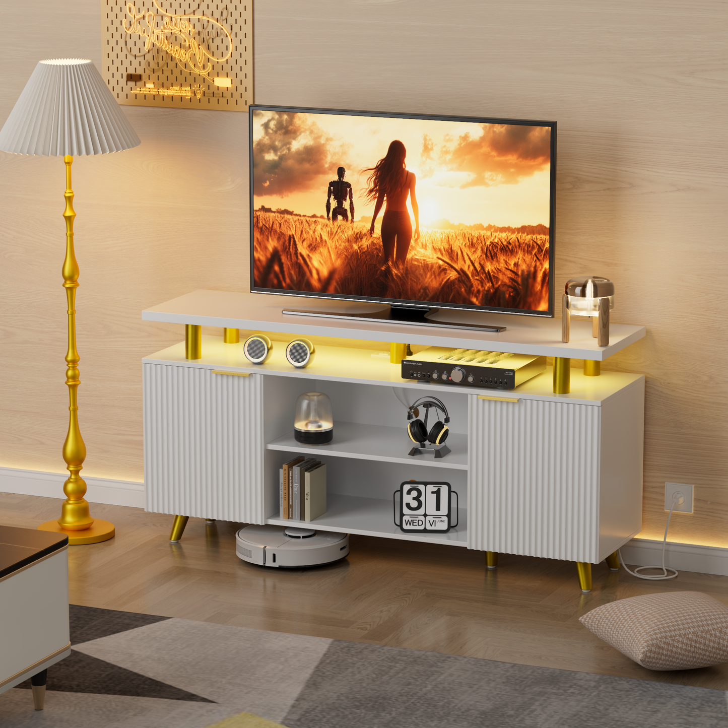 Valu4me TV Stand for 65" TV, LED Entertainment Center with Adjustable Shelves, Storage Cabinets & Power Outlets, Fluted TV Console for Living Room, White Finish
