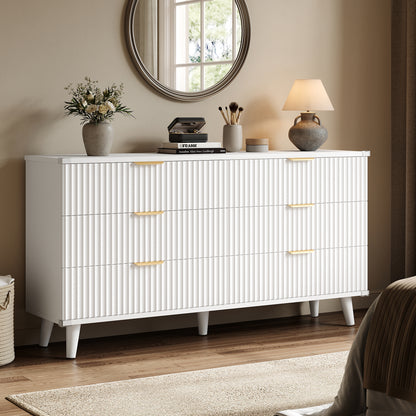 Laintene 6 Drawer Dresser for Bedroom – Solid Wood Fluted Storage Cabinet with Metal Handles, Modern Wave Design for Bedroom, Living Room & Entryway, White