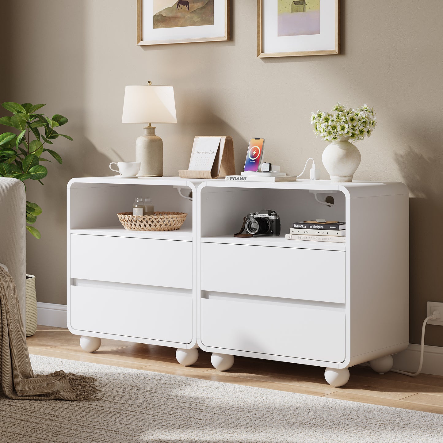 Laintene Modern Nightstand Set of 2 with Charging Station, 23.6'' Wide Wood Bedside Table w/2 Storage Drawers, Large Mid Century End Table for Bedroom, Living Room, Curved Profile Design,White Oak