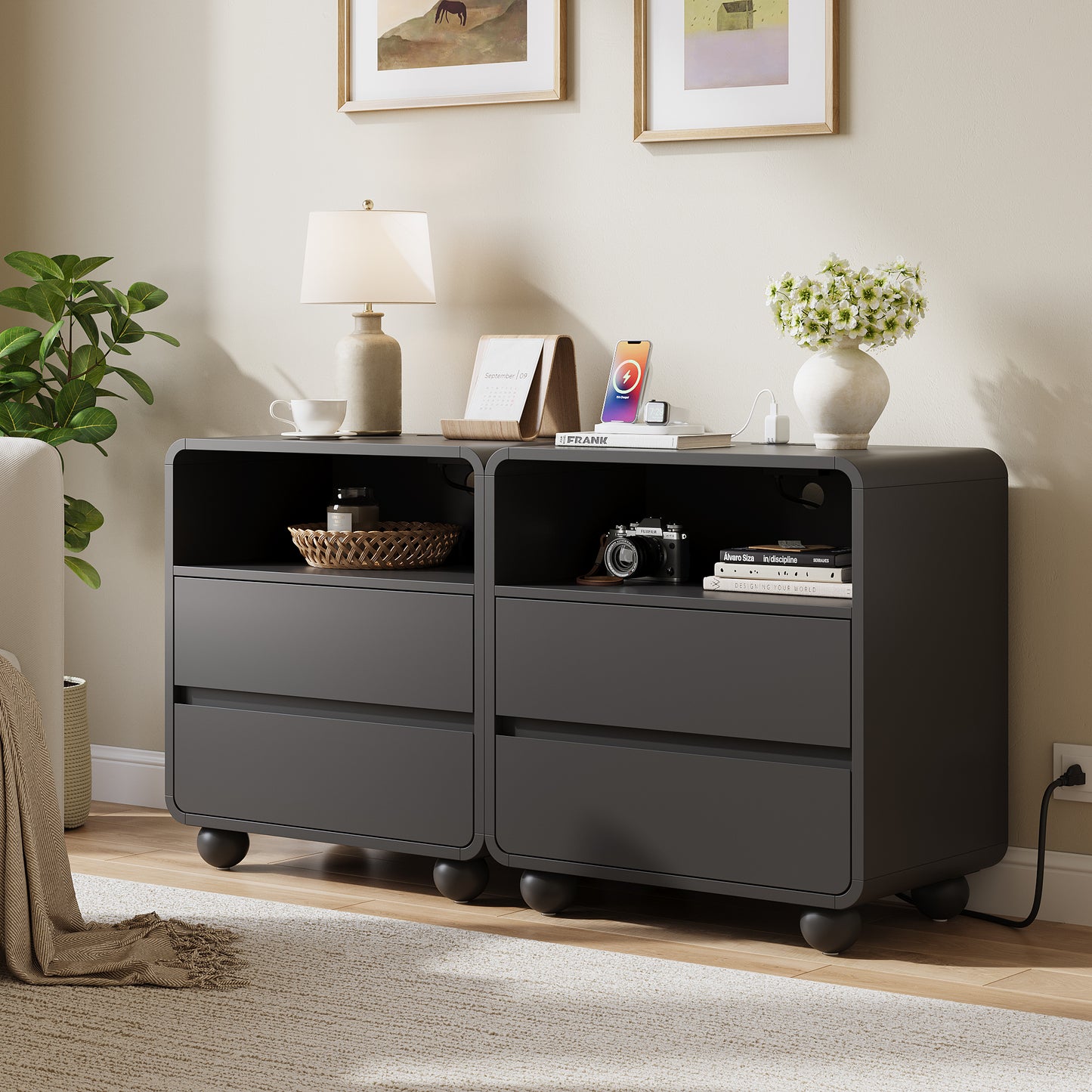 Laintene Modern Nightstand Set of 2 with Charging Station, 23.6'' Wide Wood Bedside Table w/2 Storage Drawers, Large Mid Century End Table for Bedroom, Living Room, Curved Profile Design,Black Oak