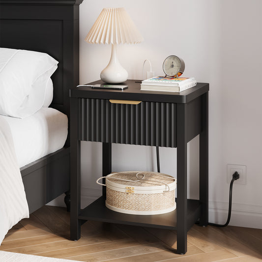 Laintene Fluted Nightstand with Charging Station - Boho Bedside Table with 2 AC Outlets & USB/Type-C Ports, Single Drawer & Open Shelf, Minimalist Water Ripple Design for Bedroom, Black