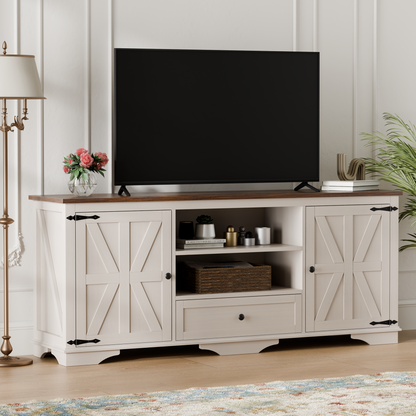Laintene TV Stand up to 65" TVs, Farmhouse Barn Door Entertainment Center with Adjustable Shelves & Storage Cabinets, Solid Wood Media Console for Living Room, White