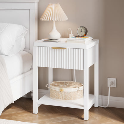 Laintene Fluted Nightstand Set of 2 - Modern Bedside Table with Drawer & Open Shelf, 2 AC Outlets + USB &Type-C for Bedroom & Living Room, White