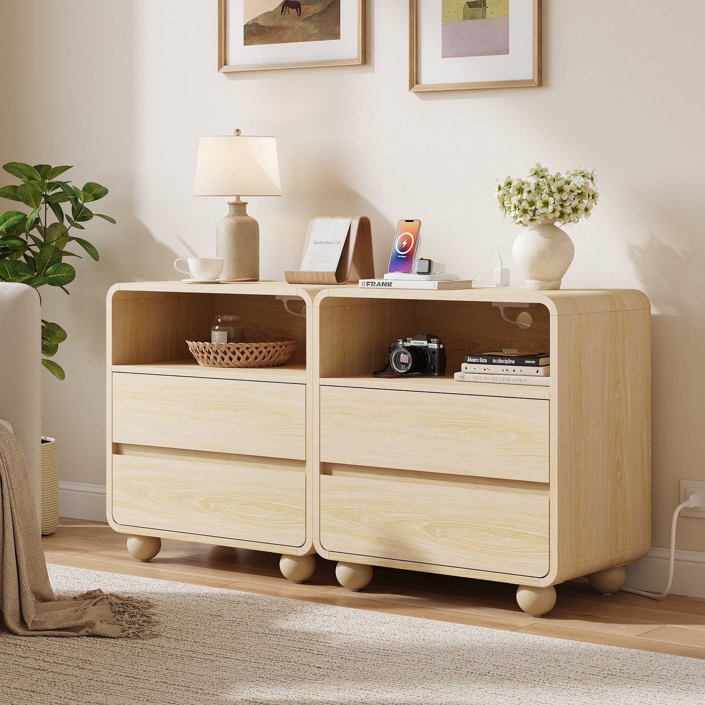 Laintene Modern Nightstand Set of 2 with Charging Station, 23.6'' Wide Wood Bedside Table w/2 Storage Drawers, Large Mid Century End Table for Bedroom, Living Room, Curved Profile Design,Natural Oak