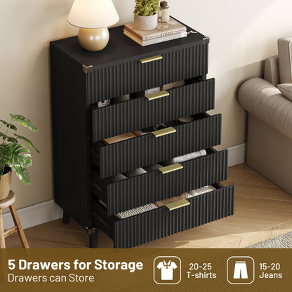 Laintene 5-Drawer Tall Dresser - Slim Boho Storage Cabinet with Fluted Design, Solid Wooden Chest for Bedroom, Closet & Small Spaces, Black