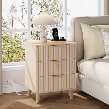 Laintene 3-Drawer Dresser for Bedroom, Nightstand with Charging Station - Modern Fluted with Solid Wood Legs, 2 AC Outlets & 2 USB Ports, Small End Table with Storage, Natural