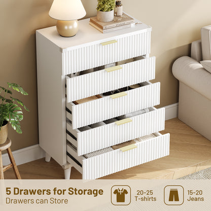 Laintene 5-Drawer Tall Dresser - Slim Boho Storage Cabinet with Fluted Design, Solid Wooden Chest for Bedroom, Closet & Small Spaces, White