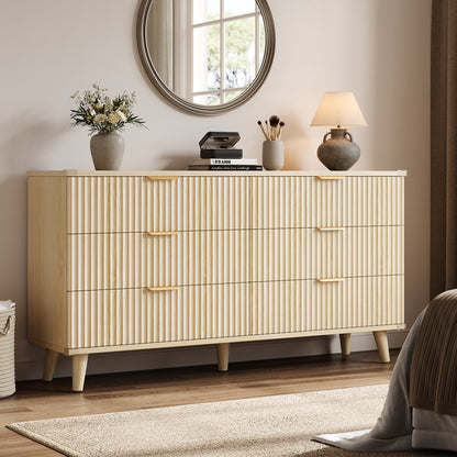 Laintene 6 Drawer Dresser for Bedroom – Solid Wood Fluted Storage Cabinet with Metal Handles, Modern Wave Design for Bedroom, Living Room & Entryway, Natural