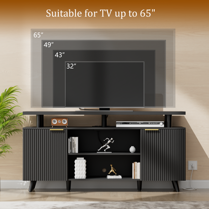Laintene Fluted TV Stand for 65" TV, Modern Boho LED Entertainment Center with Adjustable Shelves, Storage Cabinets & Power Outlets for Living Room, Black Finish