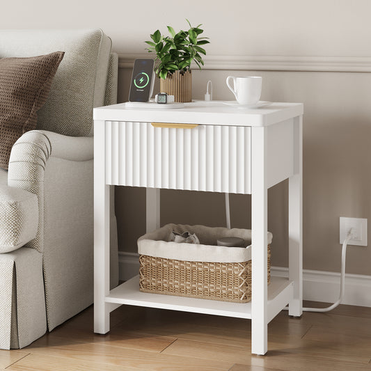 Laintene Fluted Nightstand with Charging Station - Boho Bedside Table with 2 AC Outlets & USB/Type-C Ports, Single Drawer & Open Shelf, Minimalist Water Ripple Design for Bedroom, White