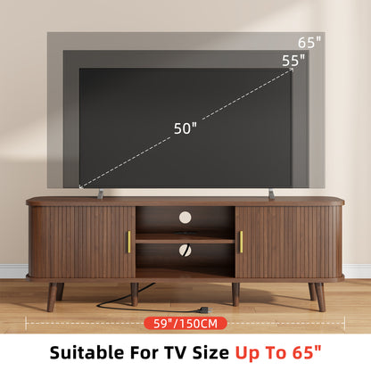 LainTene 65 Inch TV Stand with Sliding Doors – Modern Fluted Media Console for Living Room, Power Outlets (2 USB + 2 AC), Adjustable Shelves, Walnut Entertainment Center