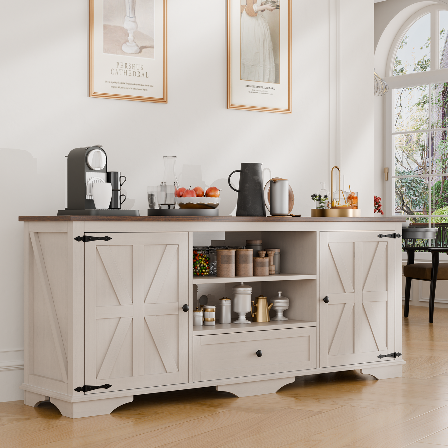 Laintene TV Stand up to 65" TVs, Farmhouse Barn Door Entertainment Center with Adjustable Shelves & Storage Cabinets, Solid Wood Media Console for Living Room, White