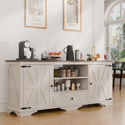Laintene TV Stand up to 65" TVs, Farmhouse Barn Door Entertainment Center with Adjustable Shelves & Storage Cabinets, Solid Wood Media Console for Living Room, White