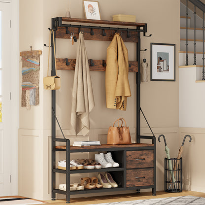 Laintene Hall Tree with Bench - 6-in-1 Wider 39.4" Entryway Organizer, 24 Adjustable Hooks & 2 Drawers, Hanging Rod & Top Shelf, 300lb Weight Capacity for Hallway and Living Room, Rustic Brown