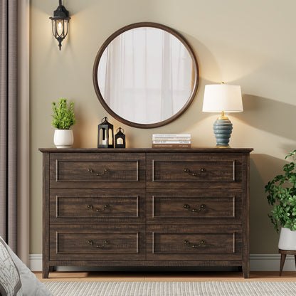 Laintene Farmhouse 6-Drawer Dresser - Rustic Wood Dresser with Antique Bronze Handles, Vintage Storage Chest for Bedroom, Living Room & Entryway