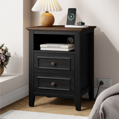 Laintene Nightstand Set of 2 with Charging Station, Farmhouse Bedside Table with 2 Drawers, USB & AC Outlets for Bedroom & Living Room，Oak Black Finish