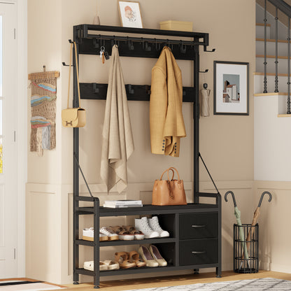 Laintene Hall Tree with Bench - 6-in-1 Wider 39.4" Entryway Organizer, 24 Adjustable Hooks & 2 Drawers, Hanging Rod & Top Shelf, 300lb Weight Capacity for Hallway and Living Room, Black