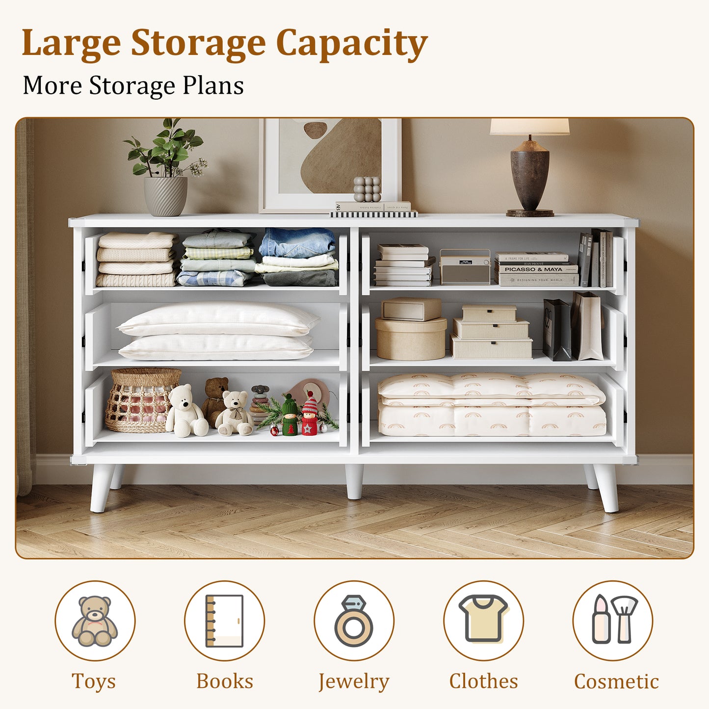 Laintene 6 Drawer Dresser for Bedroom – Solid Wood Fluted Storage Cabinet with Metal Handles, Modern Wave Design for Bedroom, Living Room & Entryway, White